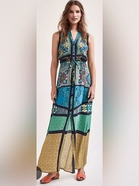 Hemant & Nandita Ezora Silk Maxi Dress Anthropologie 100% Silk Size XS Chic
